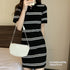 サマーニットワンピース ボーダー柄 韓国 レディース ラウンドネック タイトワンピース カジュアル 普段使い チュニックワンピ 春夏 ショート丈セクシーワンピース 85YN-900465