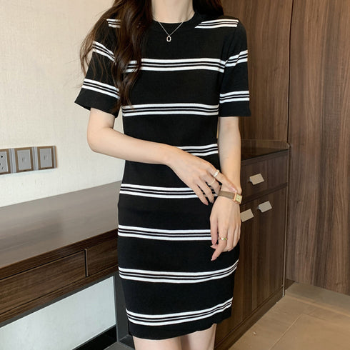 サマーニットワンピース ボーダー柄 韓国 レディース ラウンドネック タイトワンピース カジュアル 普段使い チュニックワンピ 春夏 ショート丈セクシーワンピース 85YN-900465