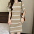 サマーニットワンピース ボーダー柄 韓国 レディース ラウンドネック タイトワンピース カジュアル 普段使い チュニックワンピ 春夏 ショート丈セクシーワンピース 85YN-900465