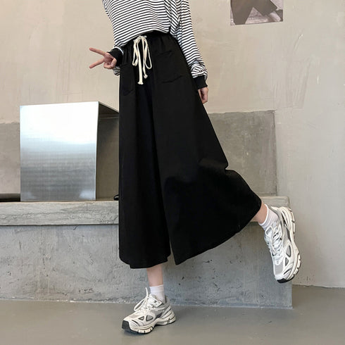 スウェットワイドパンツ ウエストゴム韓国 レディース ポケット付き カジュアルパンツ 体型カバー アンクル丈ズボン ハイウエストフレアパンツ ゆったり無地ボトムス 85YN-900472
