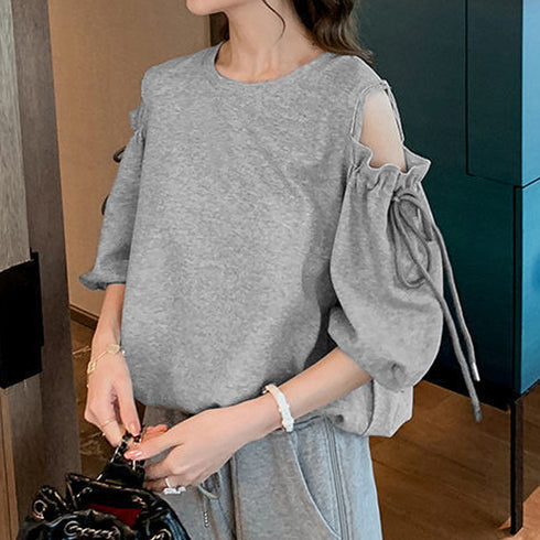 肩出しTシャツ クルーネック カットソー 肩開き 韓国風 半袖Tシャツ 体型カバー オフショルダーカットソー カジュアル 無地Tシャツ 大人可愛い 肌見せトップス 85YN-900481