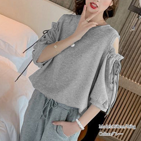 肩出しTシャツ クルーネック カットソー 肩開き 韓国風 半袖Tシャツ 体型カバー オフショルダーカットソー カジュアル 無地Tシャツ 大人可愛い 肌見せトップス 85YN-900481