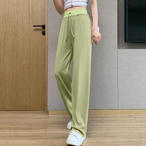 セミワイドパンツ 冷感タッチロングパンツ レディース ハイウエスト リラックスパンツ ウエストゴム ストレートパンツ カジュアルサマーパンツ 通勤通学ボトムス春夏 85YN-900483