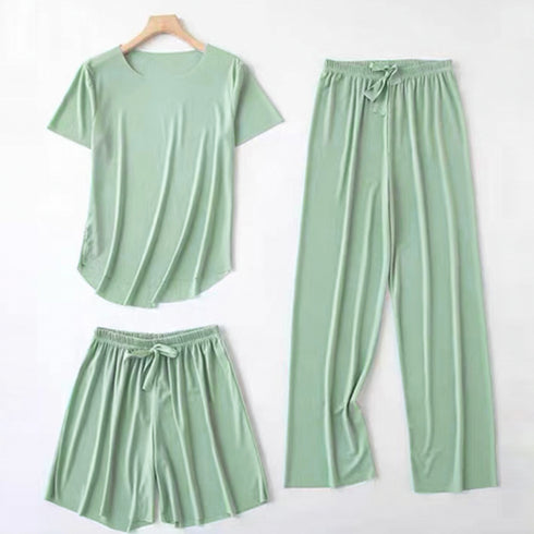 ルームウェア上下セット冷感タッチパジャマ レディース 半袖Tシャツ ショートパンツ ロングパンツ 3点セットアップ 春夏 リラックスウェア カジュアルナイトウェア 85YN-900485