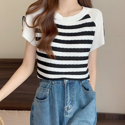 ニットトップス ボーダー柄 サマーニット 大人カジュアル レディース ニットTシャツ ラグランスリーブ 着やせトップス クルーネック プルオーバー 85YN-900494
