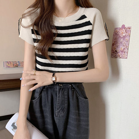 ニットトップス ボーダー柄 サマーニット 大人カジュアル レディース ニットTシャツ ラグランスリーブ 着やせトップス クルーネック プルオーバー 85YN-900494