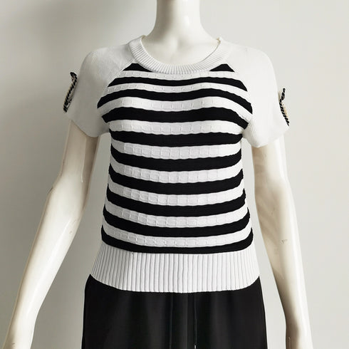 ニットトップス ボーダー柄 サマーニット 大人カジュアル レディース ニットTシャツ ラグランスリーブ 着やせトップス クルーネック プルオーバー 85YN-900494