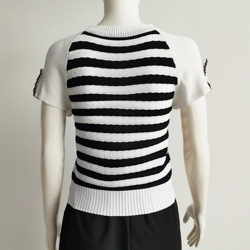 ニットトップス ボーダー柄 サマーニット 大人カジュアル レディース ニットTシャツ ラグランスリーブ 着やせトップス クルーネック プルオーバー 85YN-900494