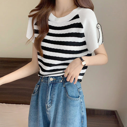 ニットトップス ボーダー柄 サマーニット 大人カジュアル レディース ニットTシャツ ラグランスリーブ 着やせトップス クルーネック プルオーバー 85YN-900494