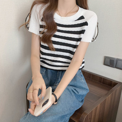 ニットトップス ボーダー柄 サマーニット 大人カジュアル レディース ニットTシャツ ラグランスリーブ 着やせトップス クルーネック プルオーバー 85YN-900494