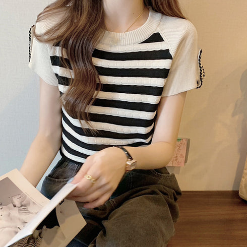 ニットトップス ボーダー柄 サマーニット 大人カジュアル レディース ニットTシャツ ラグランスリーブ 着やせトップス クルーネック プルオーバー 85YN-900494