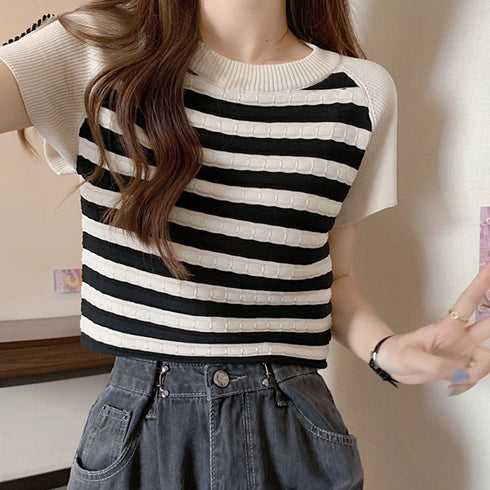 ニットトップス ボーダー柄 サマーニット 大人カジュアル レディース ニットTシャツ ラグランスリーブ 着やせトップス クルーネック プルオーバー 85YN-900494