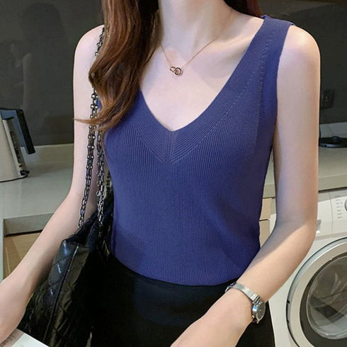 ニットタンクトップ Vネックサマーニット ノースリーブ レディース 冷感タッチ リブニット オフィス キャミソール 伸縮性 ニットインナー 30代40代肌着 春夏 85YN-900502