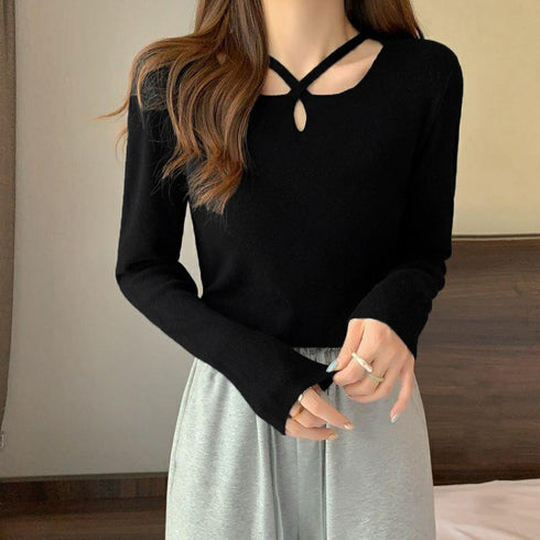ニットトップス クロスネック ニットソー レディース 大人カジュアル リブニット 長袖 タイトニット 着やせ ニットインナー 韓国風 セクシー ニットセーター秋冬 85YN-900507