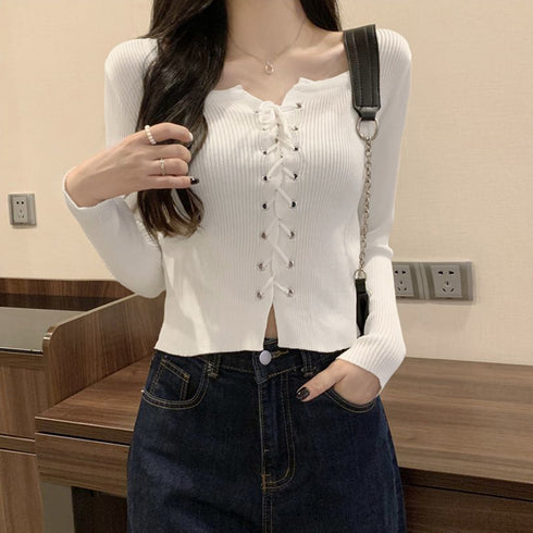 ニットトップス フロントレースアップ秋服 プルオーバー レディース リブ編みニット 着やせ ショート丈 ニットカットソー ラウンドネック カジュアルニットソー 85YN-900509