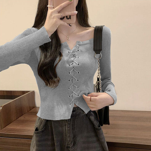 ニットトップス フロントレースアップ秋服 プルオーバー レディース リブ編みニット 着やせ ショート丈 ニットカットソー ラウンドネック カジュアルニットソー 85YN-900509