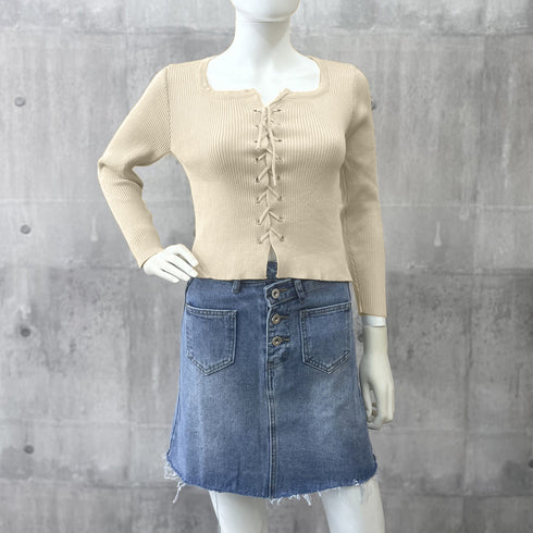 ニットトップス フロントレースアップ秋服 プルオーバー レディース リブ編みニット 着やせ ショート丈 ニットカットソー ラウンドネック カジュアルニットソー 85YN-900509