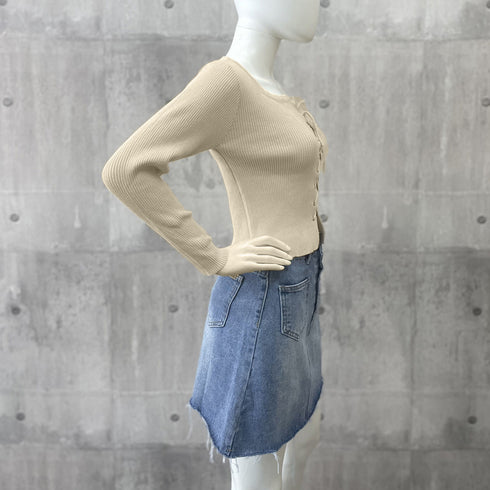 ニットトップス フロントレースアップ秋服 プルオーバー レディース リブ編みニット 着やせ ショート丈 ニットカットソー ラウンドネック カジュアルニットソー 85YN-900509