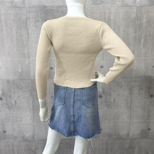 ニットトップス フロントレースアップ秋服 プルオーバー レディース リブ編みニット 着やせ ショート丈 ニットカットソー ラウンドネック カジュアルニットソー 85YN-900509