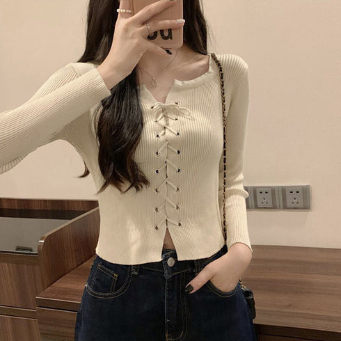 ニットトップス フロントレースアップ秋服 プルオーバー レディース リブ編みニット 着やせ ショート丈 ニットカットソー ラウンドネック カジュアルニットソー 85YN-900509