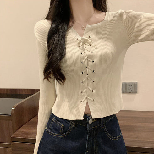 ニットトップス フロントレースアップ秋服 プルオーバー レディース リブ編みニット 着やせ ショート丈 ニットカットソー ラウンドネック カジュアルニットソー 85YN-900509
