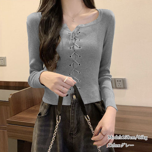 ニットトップス フロントレースアップ秋服 プルオーバー レディース リブ編みニット 着やせ ショート丈 ニットカットソー ラウンドネック カジュアルニットソー 85YN-900509