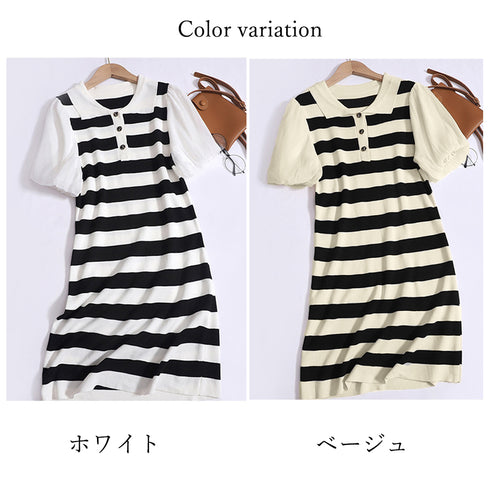 ワンピース ボーダー柄 ニットワンピース レディース 襟付き サマーニットワンピ 袖切り替え ポロワンピース おしゃれ カジュアル 半袖春夏ワンピース 体型カバー 85YN-900511
