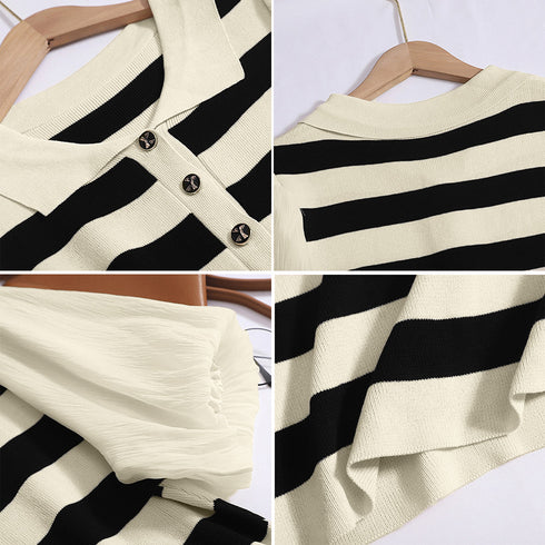 ワンピース ボーダー柄 ニットワンピース レディース 襟付き サマーニットワンピ 袖切り替え ポロワンピース おしゃれ カジュアル 半袖春夏ワンピース 体型カバー 85YN-900511