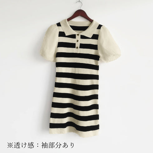 ワンピース ボーダー柄 ニットワンピース レディース 襟付き サマーニットワンピ 袖切り替え ポロワンピース おしゃれ カジュアル 半袖春夏ワンピース 体型カバー 85YN-900511