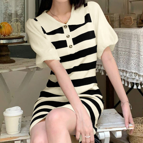 ワンピース ボーダー柄 ニットワンピース レディース 襟付き サマーニットワンピ 袖切り替え ポロワンピース おしゃれ カジュアル 半袖春夏ワンピース 体型カバー 85YN-900511