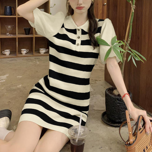 ワンピース ボーダー柄 ニットワンピース レディース 襟付き サマーニットワンピ 袖切り替え ポロワンピース おしゃれ カジュアル 半袖春夏ワンピース 体型カバー 85YN-900511