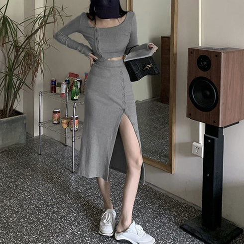 ニットセットアップ レディース上下セット ショート丈 ニットトップス ボタン開きスリット タイトスカート セクシー 2点セット ハイウエスト サイドボタンスカート 85YN-900512