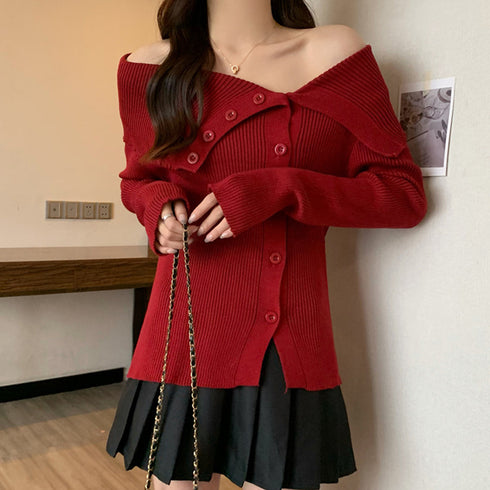 ニットトップス オフショルダーリブニット レディース セクシー ニットセーター 肩見せ 無地タイトニット フロントボタン 春秋冬 前開き おしゃれニットカットソー 85YN-900513