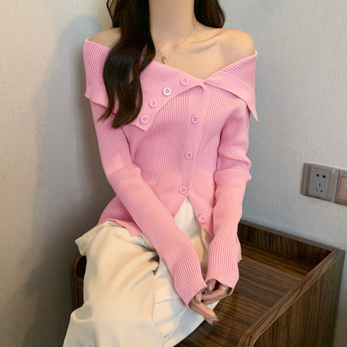 ニットトップス オフショルダーリブニット レディース セクシー ニットセーター 肩見せ 無地タイトニット フロントボタン 春秋冬 前開き おしゃれニットカットソー 85YN-900513