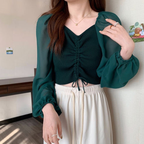 ニットトップス ドローストリング 韓国風 ドッキングニット 袖切り替え ニットブラウス 袖透け感 レディース ショート丈ブラウス お洒落 カジュアルニット 85YN-900514