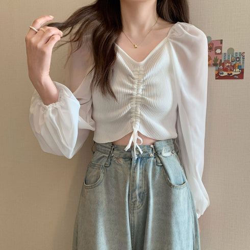 ニットトップス ドローストリング 韓国風 ドッキングニット 袖切り替え ニットブラウス 袖透け感 レディース ショート丈ブラウス お洒落 カジュアルニット 85YN-900514