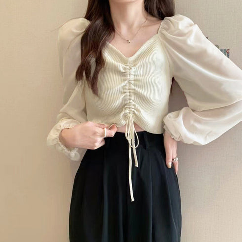 ニットトップス ドローストリング 韓国風 ドッキングニット 袖切り替え ニットブラウス 袖透け感 レディース ショート丈ブラウス お洒落 カジュアルニット 85YN-900514