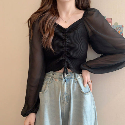 ニットトップス ドローストリング 韓国風 ドッキングニット 袖切り替え ニットブラウス 袖透け感 レディース ショート丈ブラウス お洒落 カジュアルニット 85YN-900514