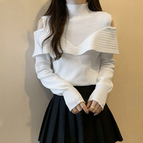 ニットトップス オフショルダーリブニット 大人可愛い レイヤード風ニット レディース 肩見せ ニットプルオーバー 肩出し ニットセーター オープンカットニット秋冬 85YN-900517