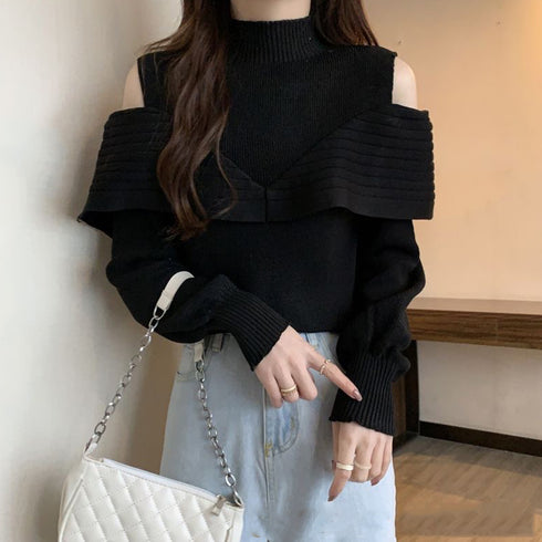 ニットトップス オフショルダーリブニット 大人可愛い レイヤード風ニット レディース 肩見せ ニットプルオーバー 肩出し ニットセーター オープンカットニット秋冬 85YN-900517