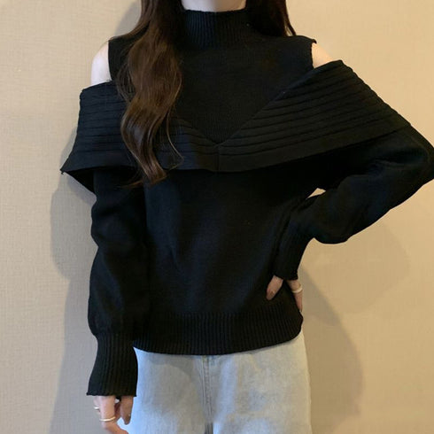 ニットトップス オフショルダーリブニット 大人可愛い レイヤード風ニット レディース 肩見せ ニットプルオーバー 肩出し ニットセーター オープンカットニット秋冬 85YN-900517