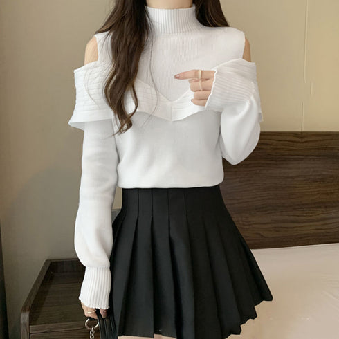 ニットトップス オフショルダーリブニット 大人可愛い レイヤード風ニット レディース 肩見せ ニットプルオーバー 肩出し ニットセーター オープンカットニット秋冬 85YN-900517