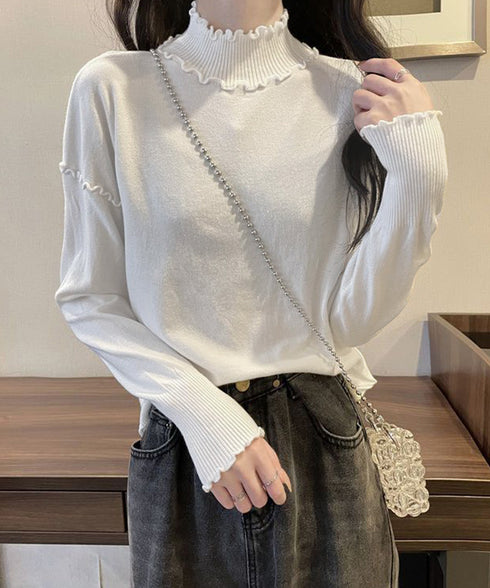 メロウフリル リブニット プチハイネック ニットプルオーバー ストレッチ 普段着 ニットウェア 大人秋服 カジュアルニットソー ハーフタートルネックニットインナー 85YN-900532