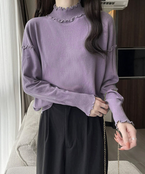 メロウフリル リブニット プチハイネック ニットプルオーバー ストレッチ 普段着 ニットウェア 大人秋服 カジュアルニットソー ハーフタートルネックニットインナー 85YN-900532