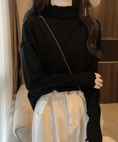 メロウフリル リブニット プチハイネック ニットプルオーバー ストレッチ 普段着 ニットウェア 大人秋服 カジュアルニットソー ハーフタートルネックニットインナー 85YN-900532