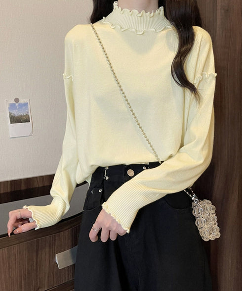 メロウフリル リブニット プチハイネック ニットプルオーバー ストレッチ 普段着 ニットウェア 大人秋服 カジュアルニットソー ハーフタートルネックニットインナー 85YN-900532