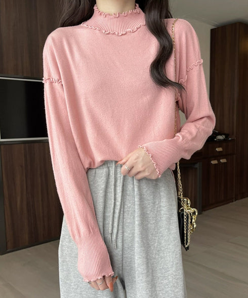 メロウフリル リブニット プチハイネック ニットプルオーバー ストレッチ 普段着 ニットウェア 大人秋服 カジュアルニットソー ハーフタートルネックニットインナー 85YN-900532
