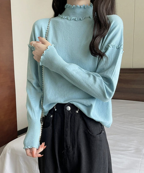 メロウフリル リブニット プチハイネック ニットプルオーバー ストレッチ 普段着 ニットウェア 大人秋服 カジュアルニットソー ハーフタートルネックニットインナー 85YN-900532