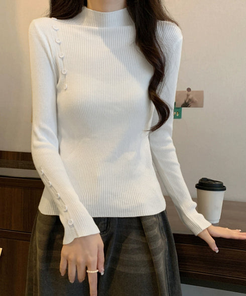 ニットトップス 飾りボタン リブニット レディース プチハイネック ニットプルオーバー 細身 着回しニットウェア カジュアル タイトトップス 春秋ニットインナー 85YN-900536