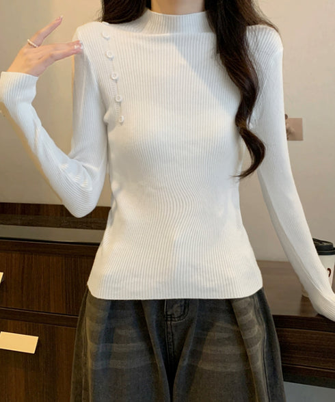 ニットトップス 飾りボタン リブニット レディース プチハイネック ニットプルオーバー 細身 着回しニットウェア カジュアル タイトトップス 春秋ニットインナー 85YN-900536